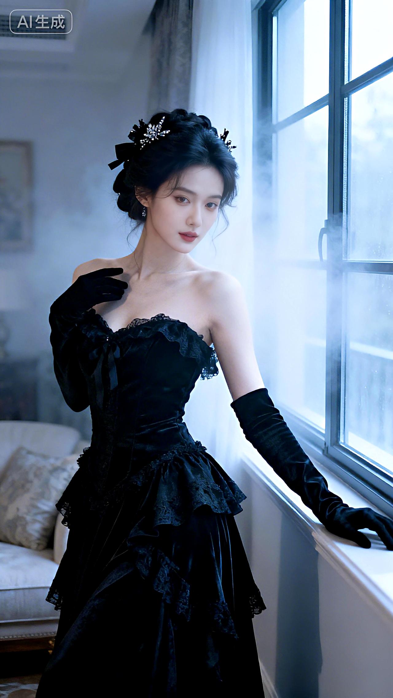 朦胧窗边，一袭黑裙尽显复古风情。豆包写真壁纸气质黑裙气质黑长裙