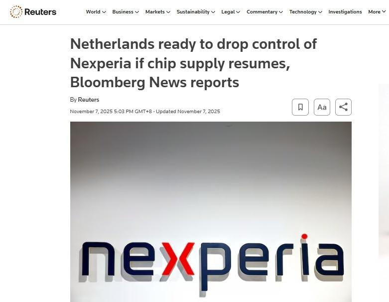 路透社援引彭博社报道，如果中国恢复芯片供应，荷兰准备放弃对Nexperia的控制