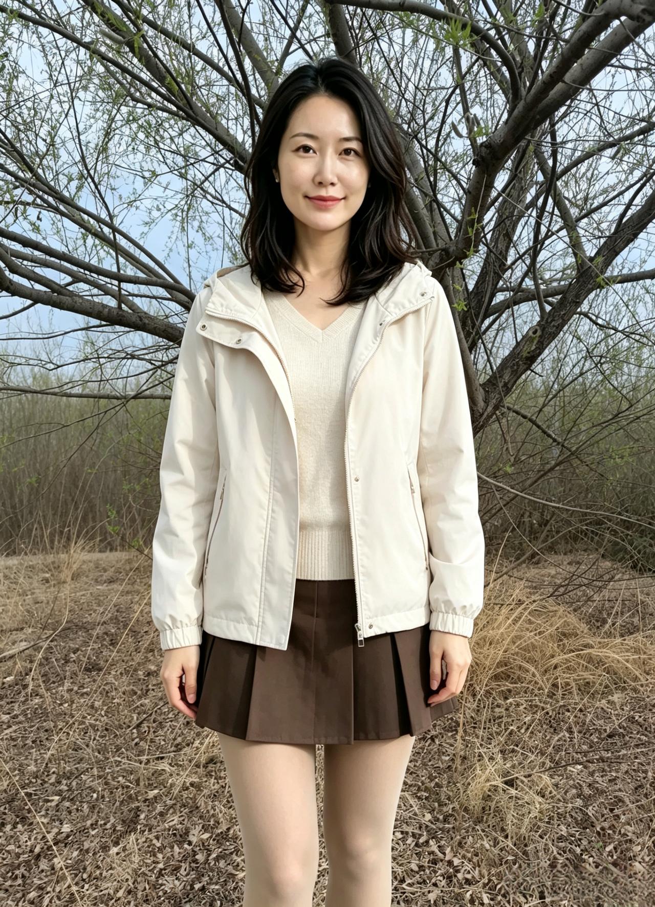 浅杏轻衫衬玉颜，深林闲立意悠然。不争桃李争春色，自有清风伴汝眠。