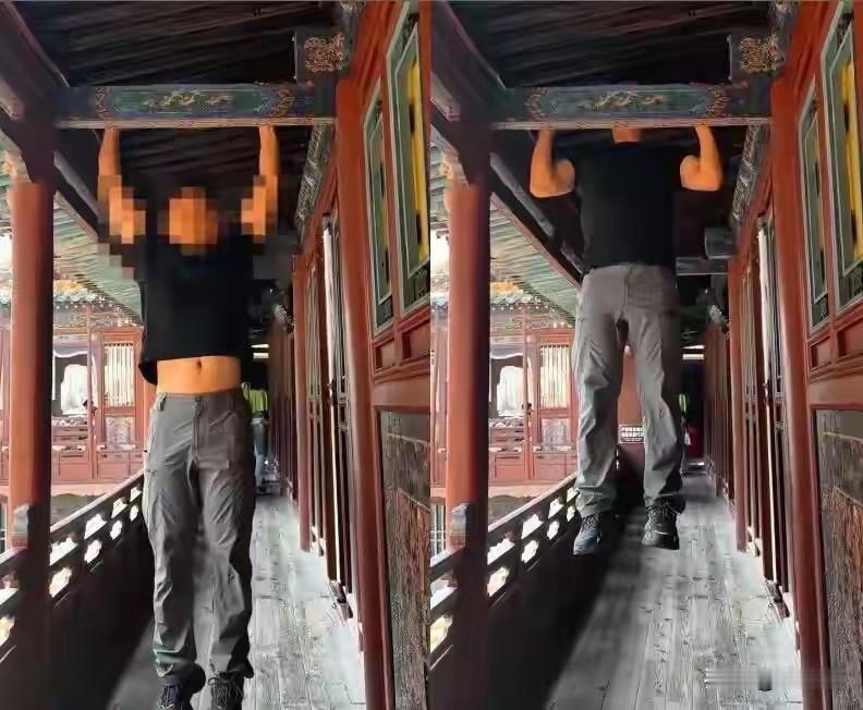 离谱！健身博主在悬空寺木梁做引体向上，网友怒斥毁坏千年古建，景区已上报调查近