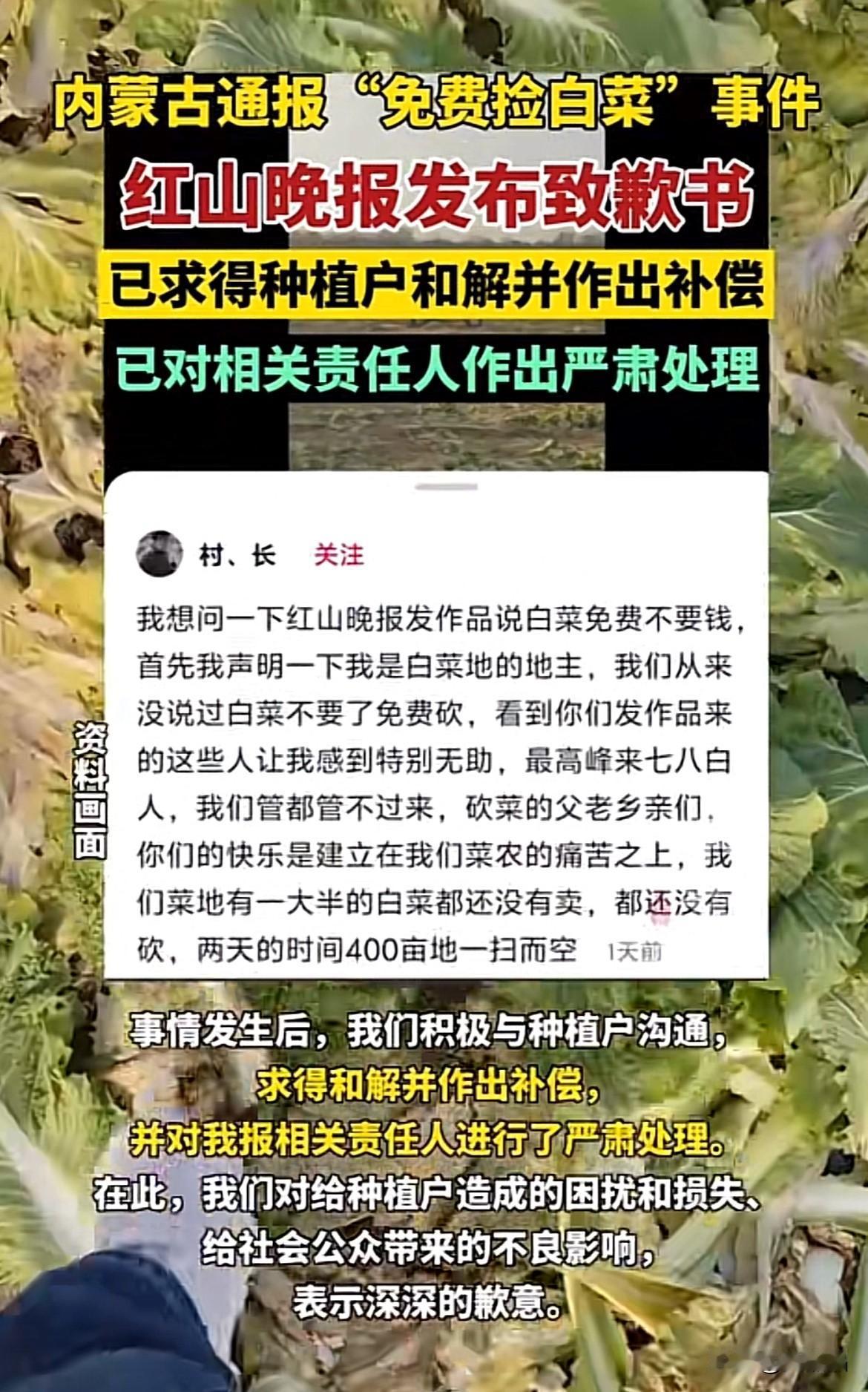 200亩白菜被免费采摘后续，红山晚报致歉，不实报导记者被吊销新闻记者证。内蒙