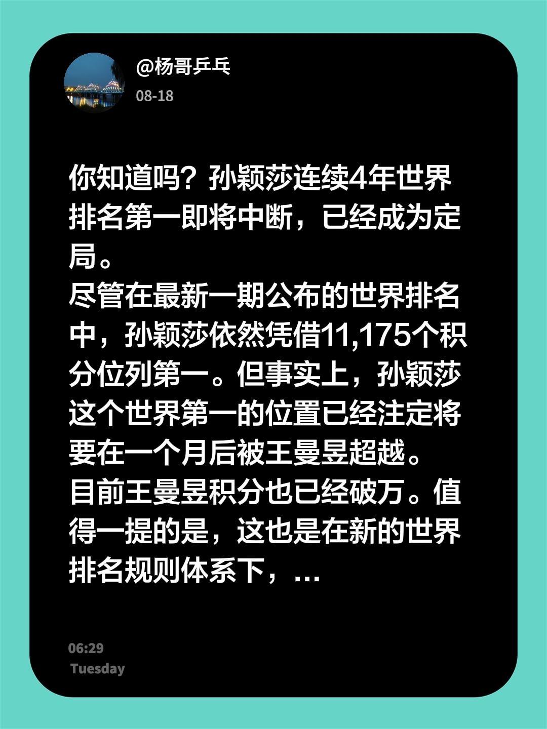 你知道吗？孙颖莎连续4年世界排名第一即将中断，已经成为定局。尽管在最新一期公布