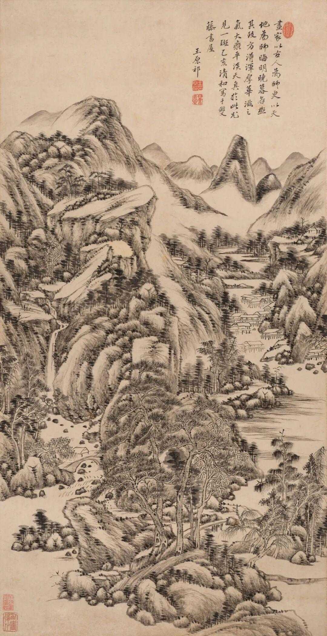 王原祁《仿古山水立轴》，水墨纸本102×52.1cm。释文：画家以古人为师，更