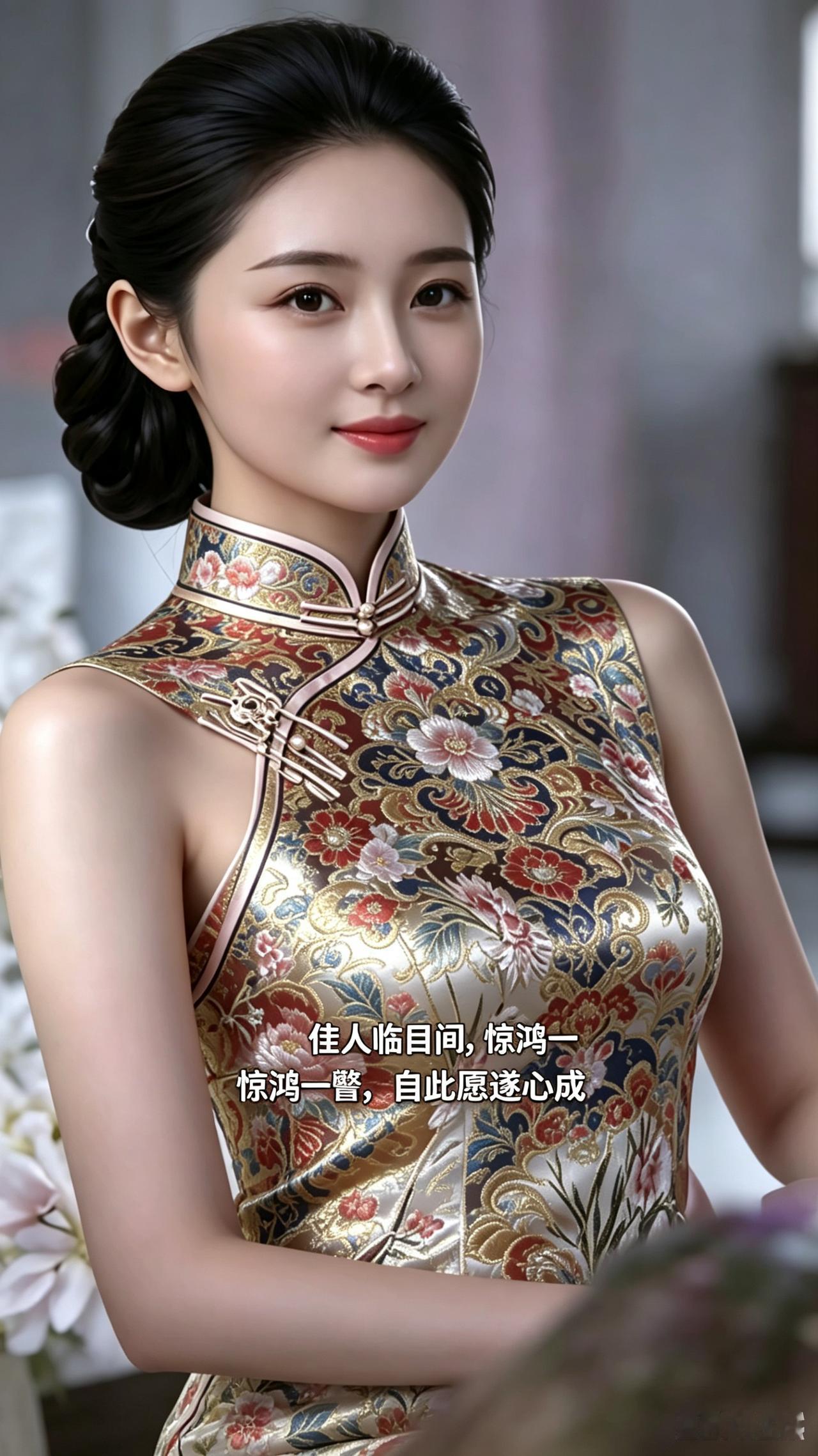 旗袍佳人锦缎繁花绣丽裳，温婉娇颜韵悠长。胸前妙语含吉意，一睹红颜百事祥。墨