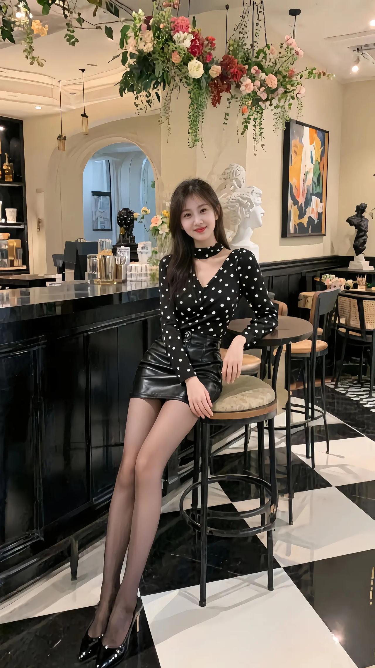 优雅黑皮裙，时尚咖啡馆，甜美笑容，黑白棋盘格，花艺点缀，复古与现代的完美结合。