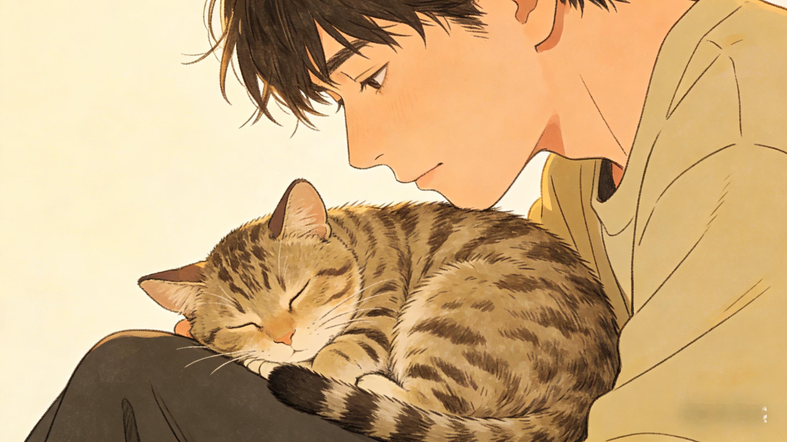 狸花猫趴在陌生男子腿上甜甜入睡能多点这种给温顺的小猫小狗进店吃饭的店铺就好了。