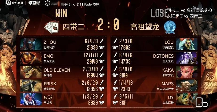 DOTA2:老头杯线下赛败者组决赛，四带二拿下四带二2:0高祖望龙