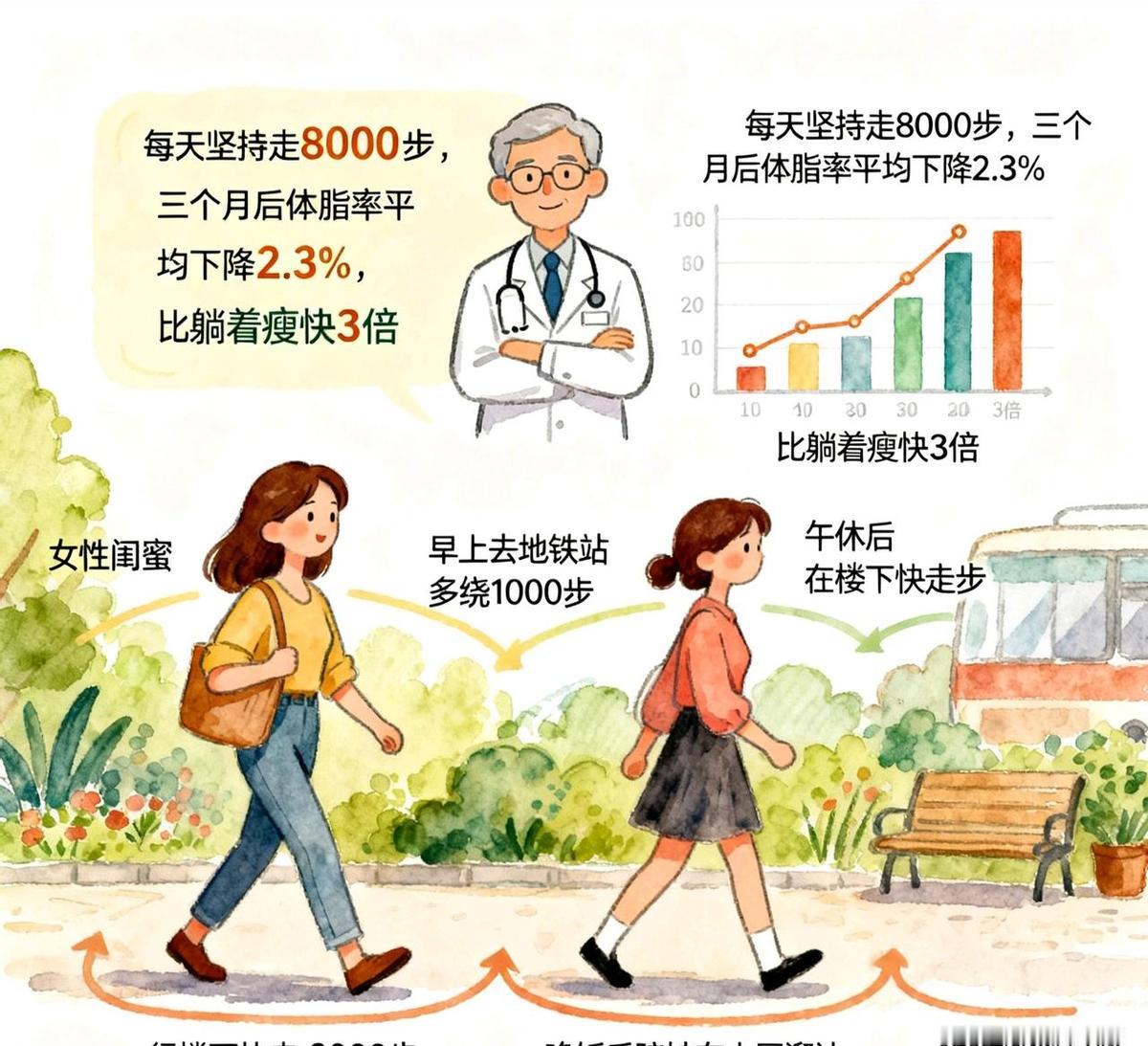 每天走8000步，不是为了打卡，是让身体自己瘦下来。别一上来就冲一万步，膝盖不