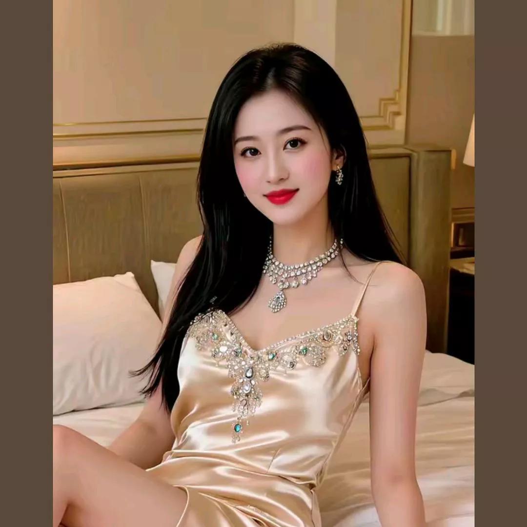 优雅女神的夜晚，金色睡衣与珍珠项链的迷人搭配橘色珍珠项链女轻奢项链红色珍珠项