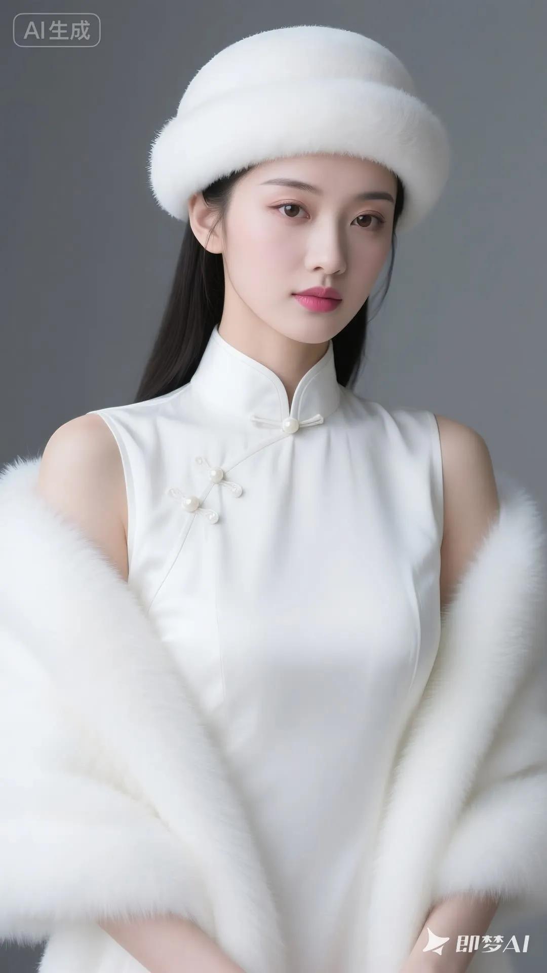 优雅白衣少女，毛绒绒的白色外套，温柔动人。