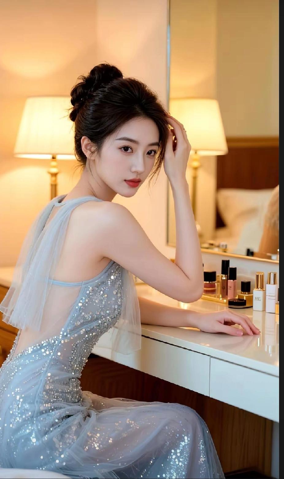 镜中人影，似梦似真。高雅气质美女