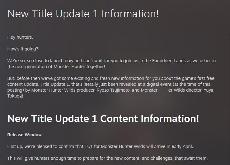【怪物猎人荒野首个内容更新4月推出】今日正式发售的《怪物猎人：荒野》官方发布