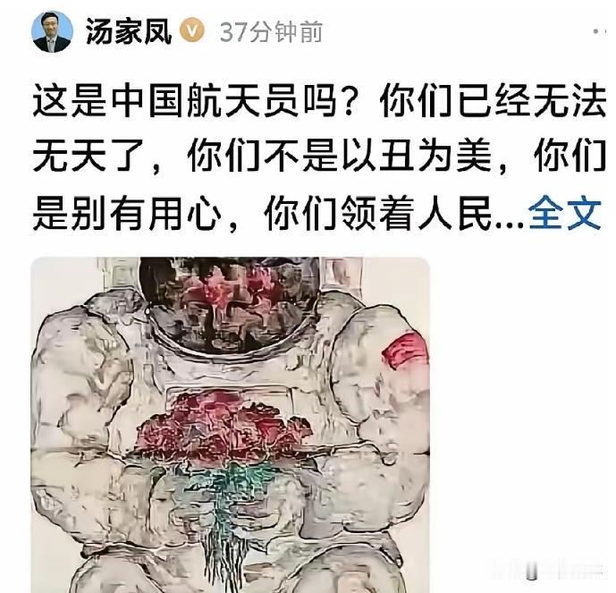 最近南京大学博士汤家凤发了一条头条，只有短短几行字："这是中国航天员吗？你们已经