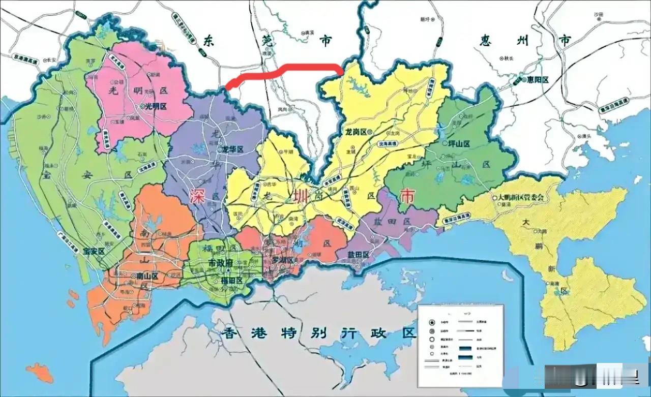 深圳的行政区域地图确实太不规整了，尤其是北部龙岗和平湖那里，硬生生的被凤岗插进来