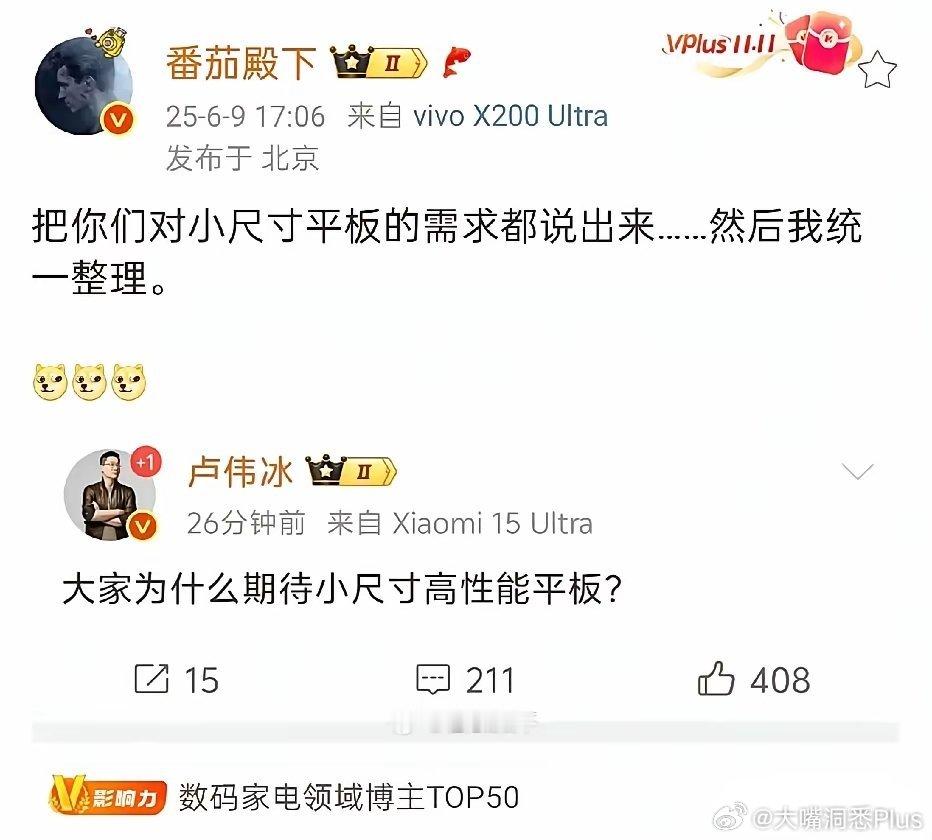 卢伟冰：大家对小尺寸的高性能平板可有什么需求呀？“番茄殿下”：大家有啥需求尽管讲