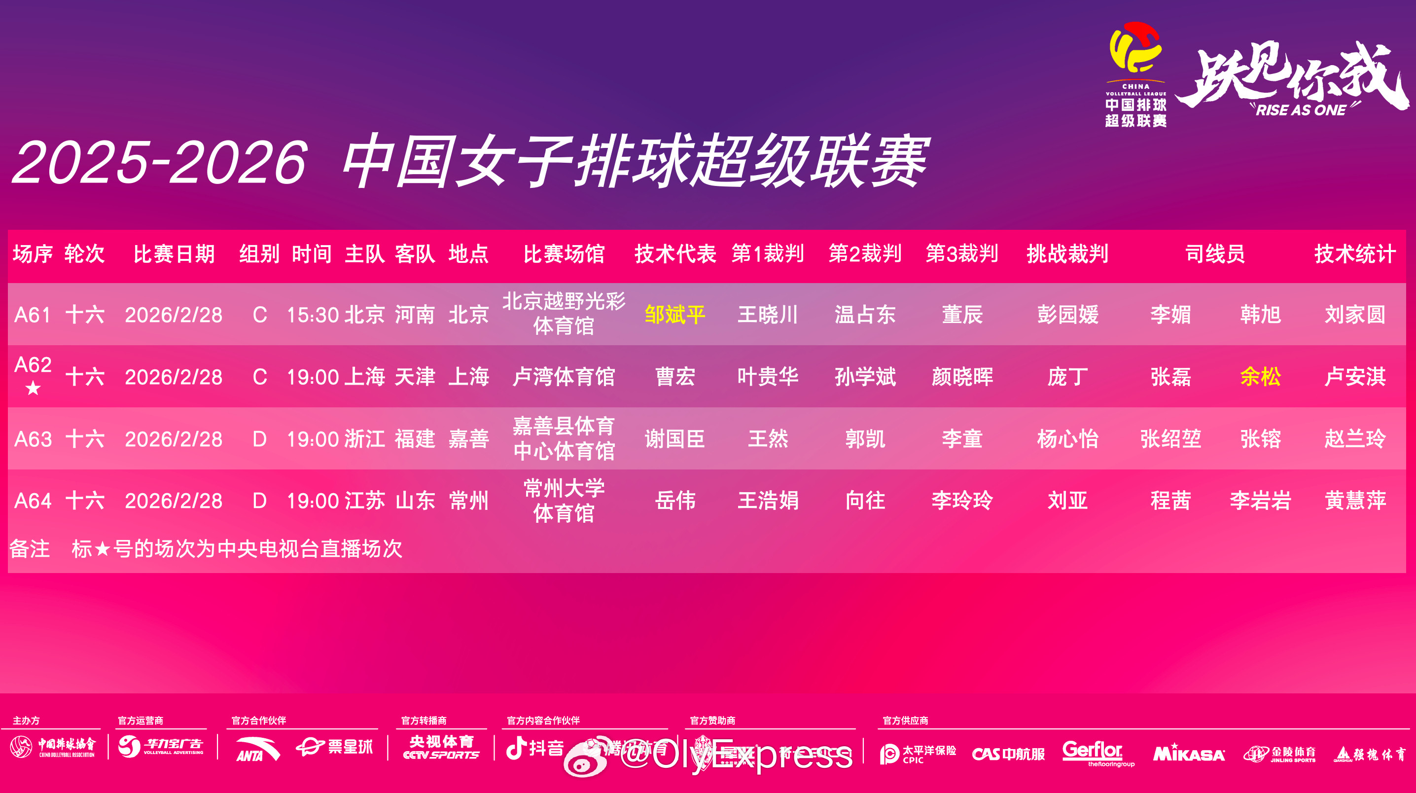 【排超女排联赛今日赛程对阵】排超联赛2月28日，女排联赛季后赛赛程对阵(主队在