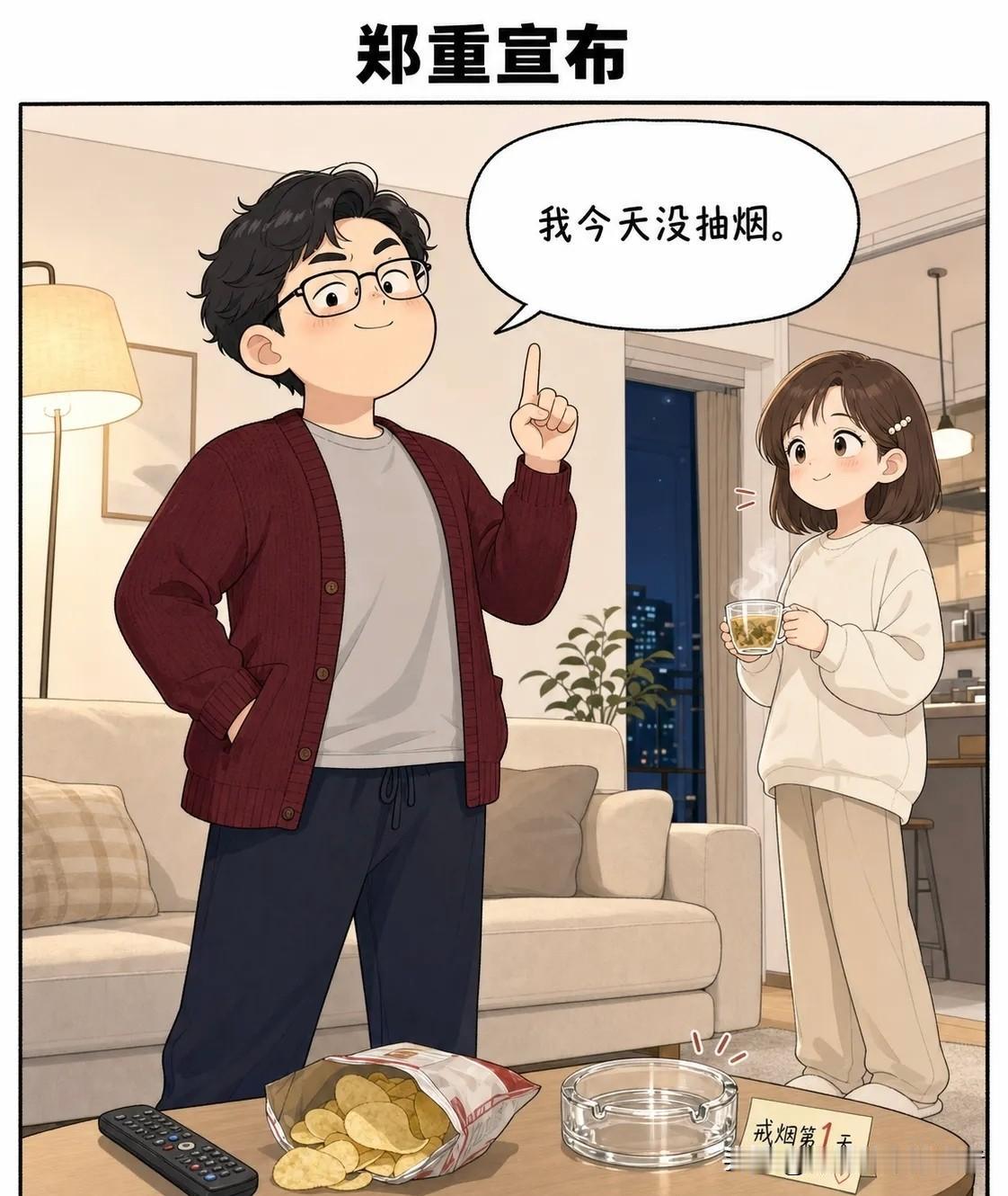 推荐有趣的漫画：我今天没抽烟。真不错。你怎么不夸我？我怕夸早了，你晚上拿这个当理