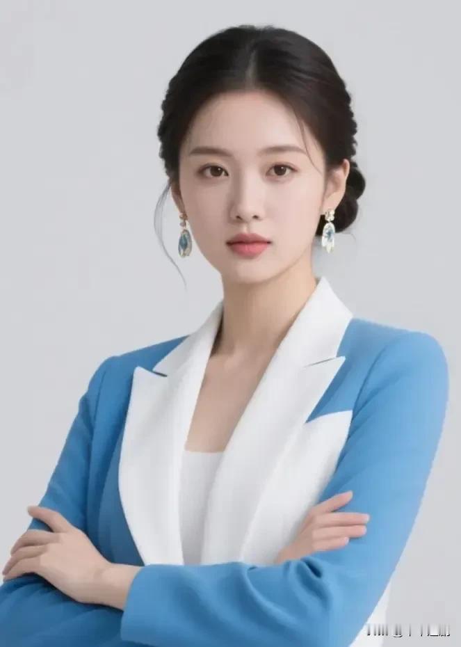蓝白西装裁着利落的风，耳坠里浸着浅调的清。臂弯拢着松弛的气场，目光比底色更先透出