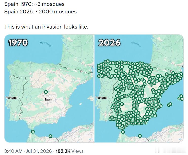 西班牙1970年：约3座清真寺西班牙2026年：约2000座清真寺这就是“入