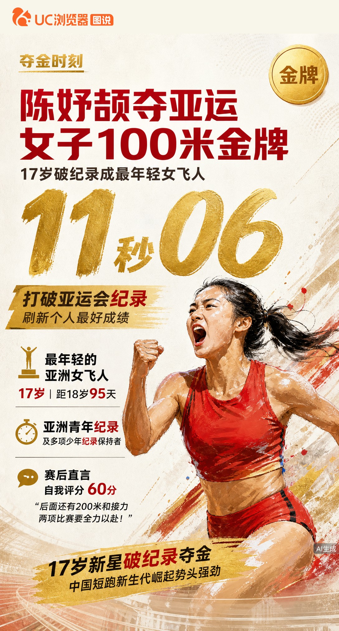 17岁陈妤颉名古屋亚运百米11秒06夺冠，破赛会纪录刷新PB！距18岁生日仅95天，她自评才60分，