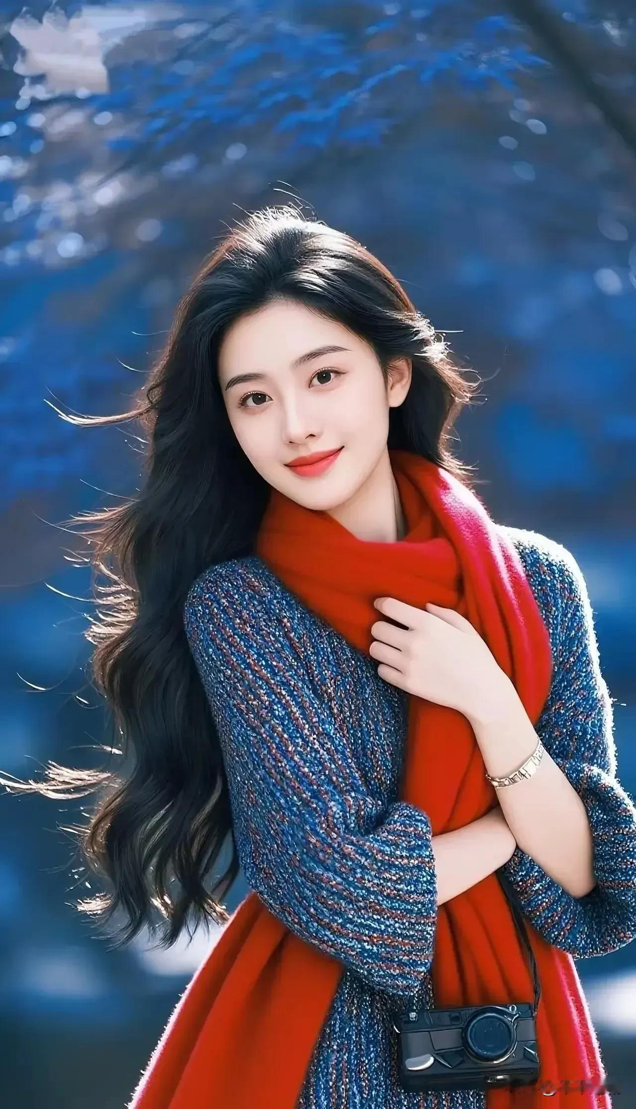 成熟稳重的美女你喜欢吗?风掠过发梢，红围巾在蓝调背景里热烈得像一团火。相机挂