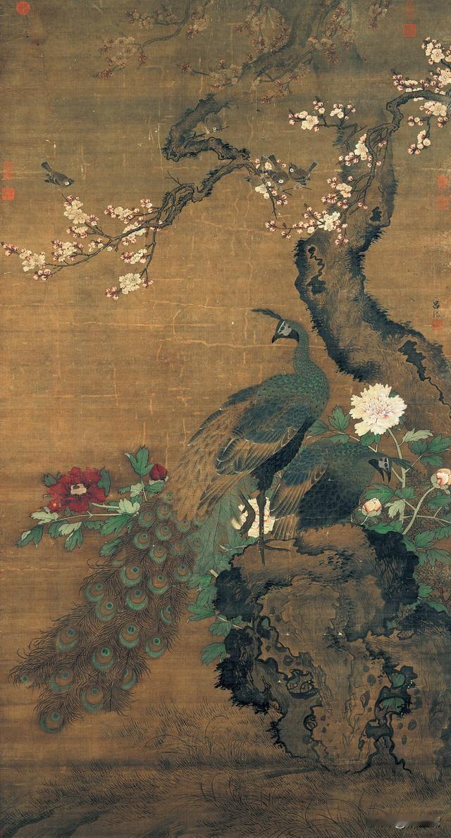 吕纪能靠院体花鸟绘画做到锦衣卫指挥衔位。他画树枝用的是明代少见的拖墨法，边缘晕