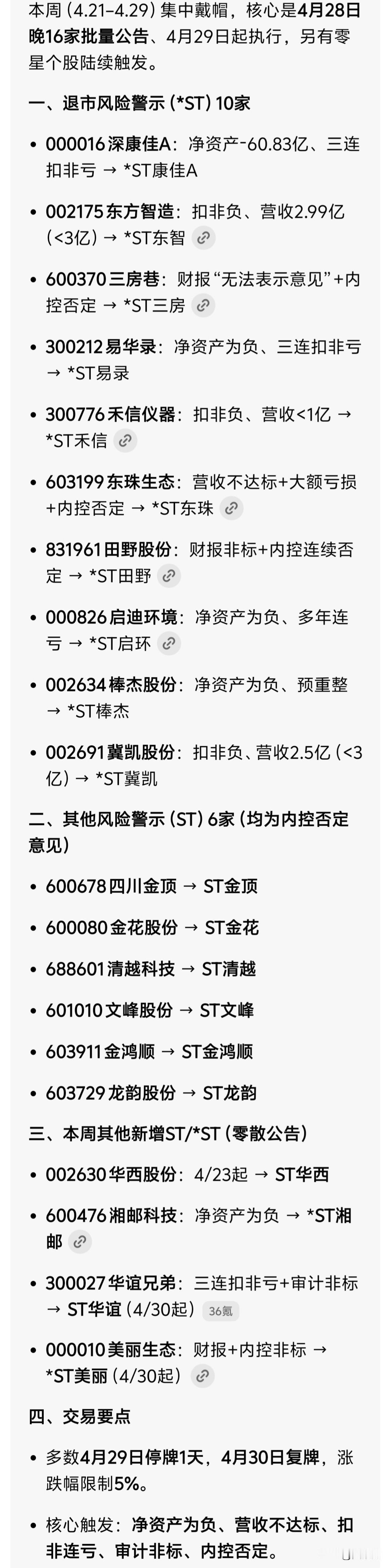 一夜之间这么多公司变身ST～～😯