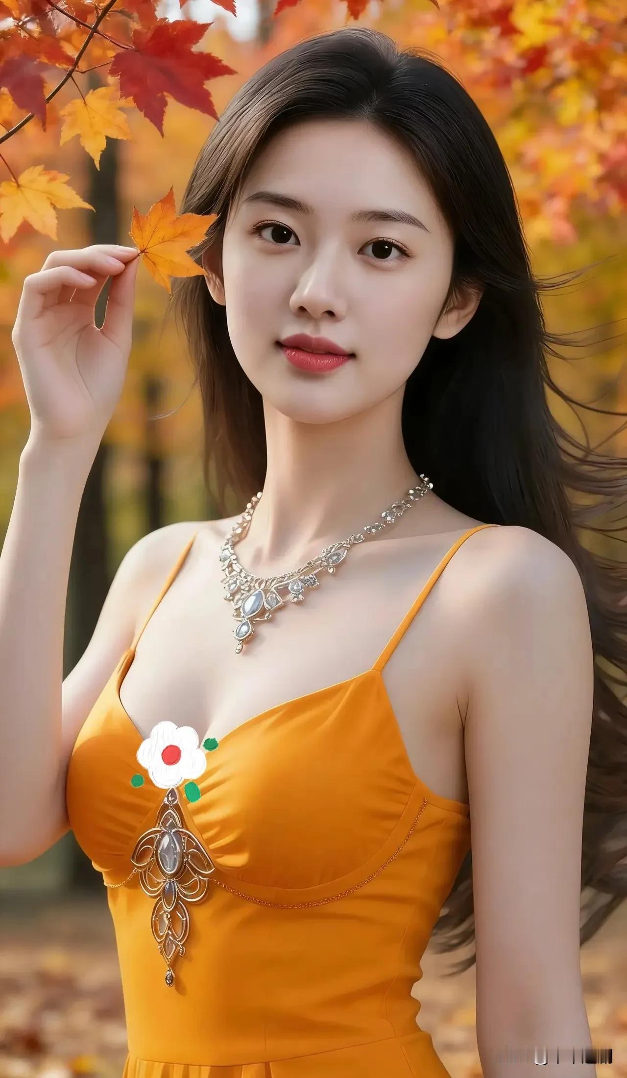 指尖轻捻一片秋阳，橙黄裙裾与枫叶相映，把整个秋天的温柔，都收进这帧画面里。