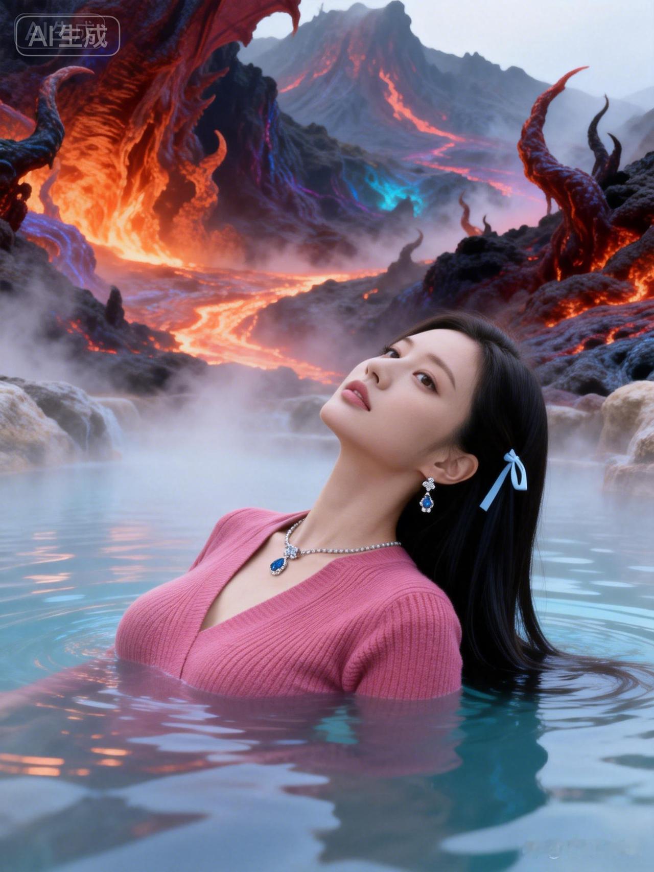 冰火相融的秘境里，泠冽的碧水漫过肩头，身后是熔岩翻涌的炽烈山峦。发间的浅蓝