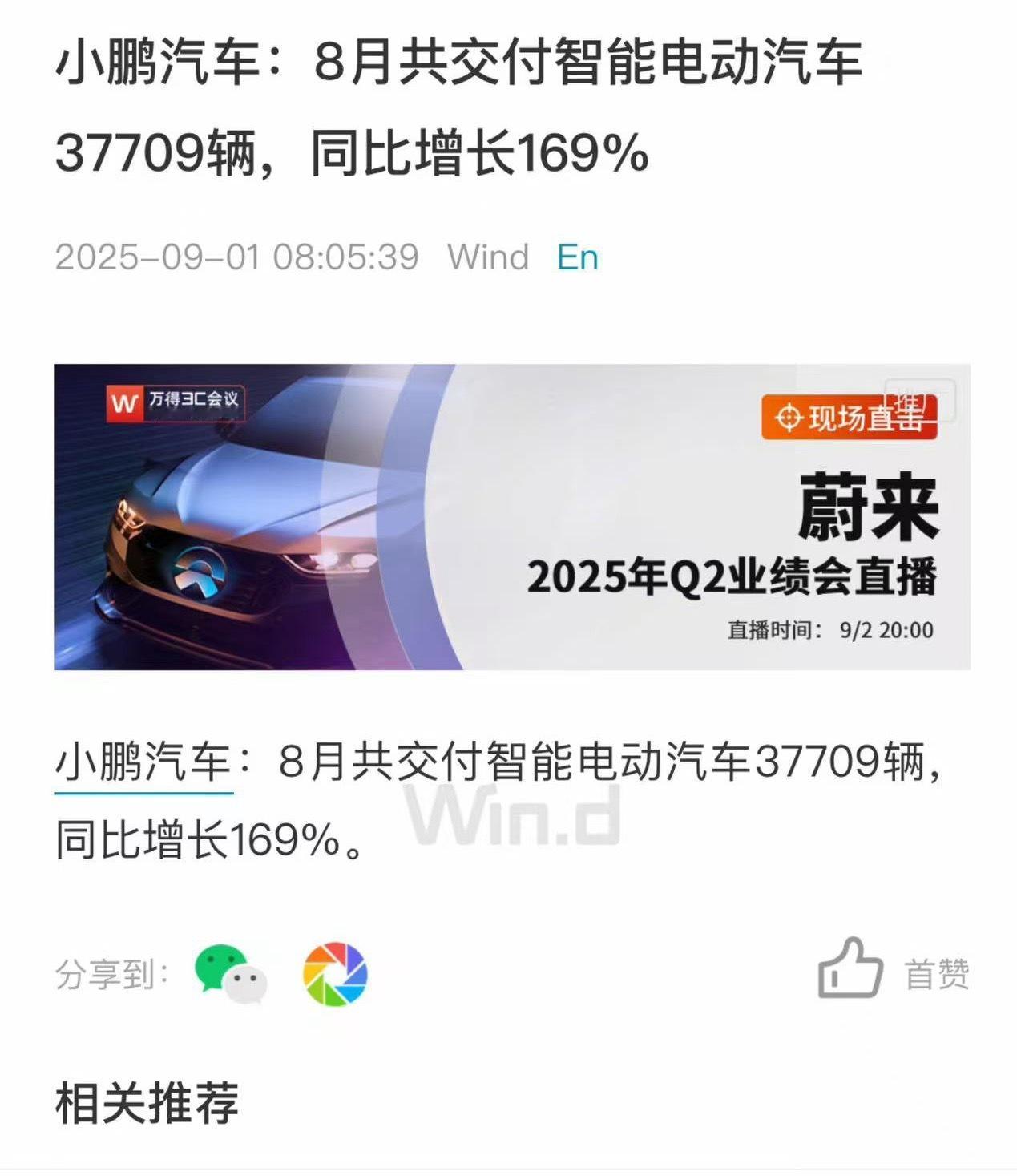 小鹏8月交付量创造历史新高，37709辆。同比增长是169%。​​​