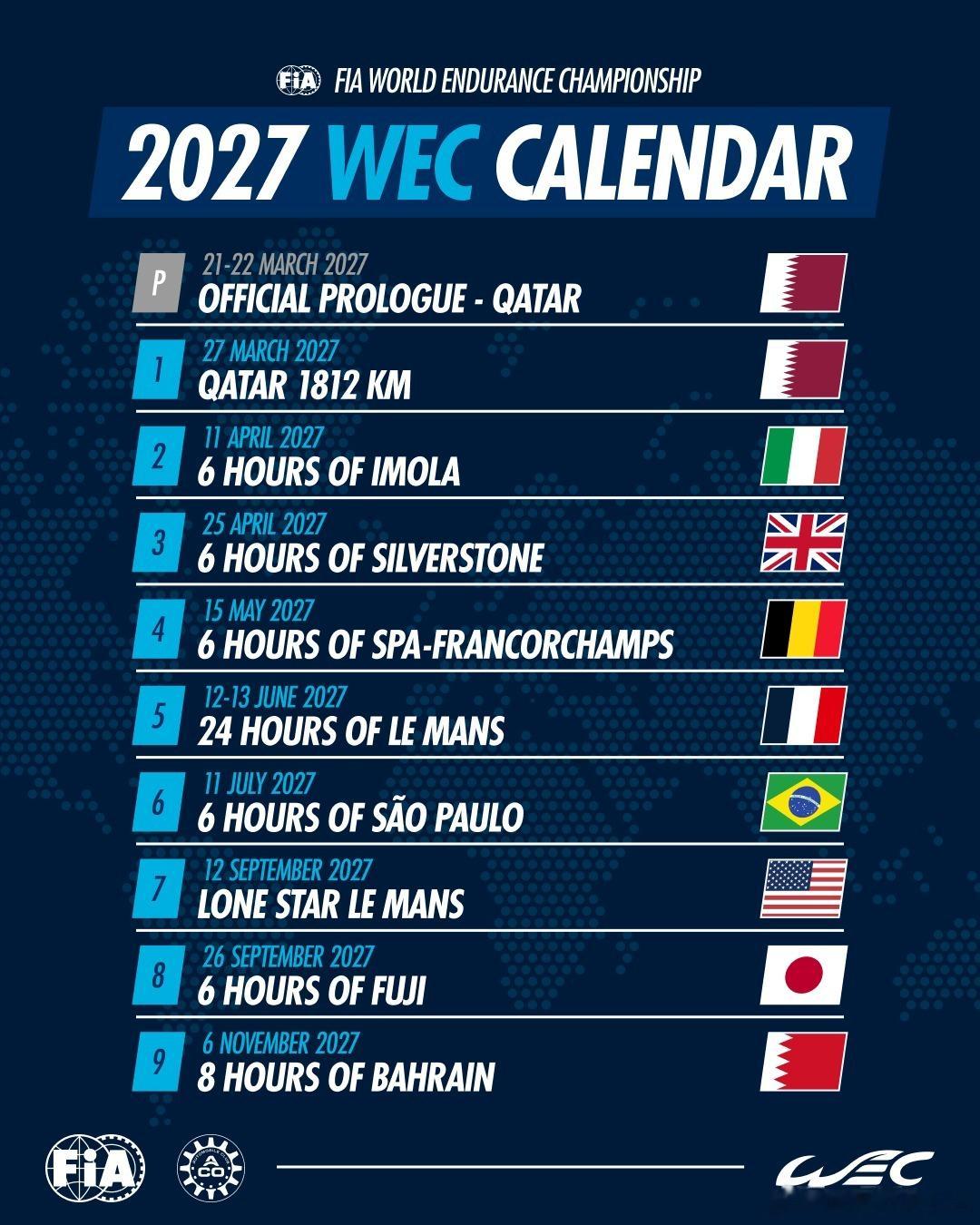 2027赛季赛历正式锁定！📅2027年，FIA世界耐力锦标赛将扩至9