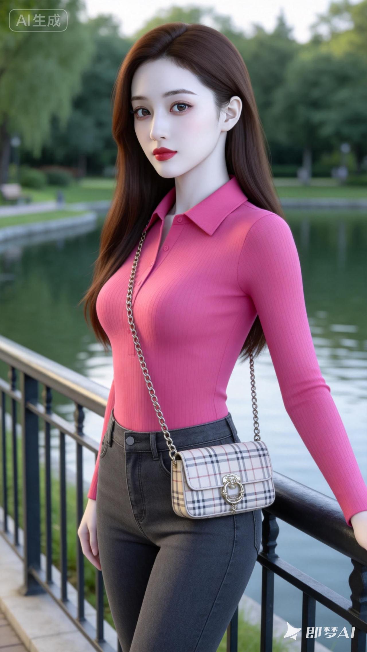 粉嫩上衣+格纹小包，元气满满的一天！🌸👗👜