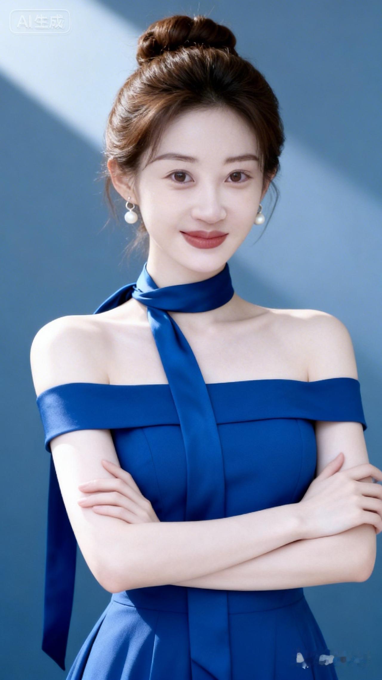 优雅蓝调，气质女神，自信微笑，时尚穿搭