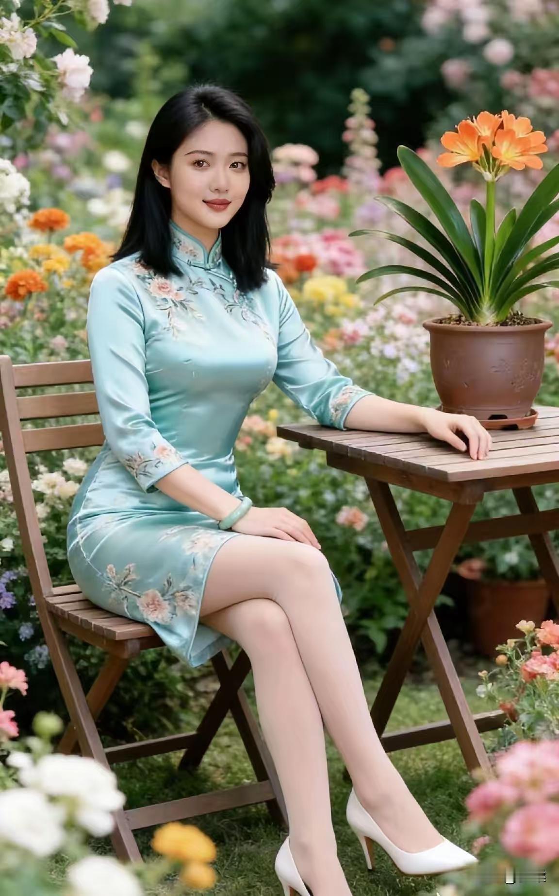 塞鸿秋·花海旗袍平畴千亩金花袤，佳人缓步旗袍俏。杏衫绣影郁金香绕，芳姿醉