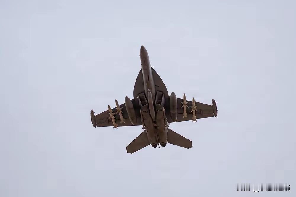 从约旦起飞前往对伊朗作战的美国海军EA-18G电子战机被拍到带上了4枚AGM-8