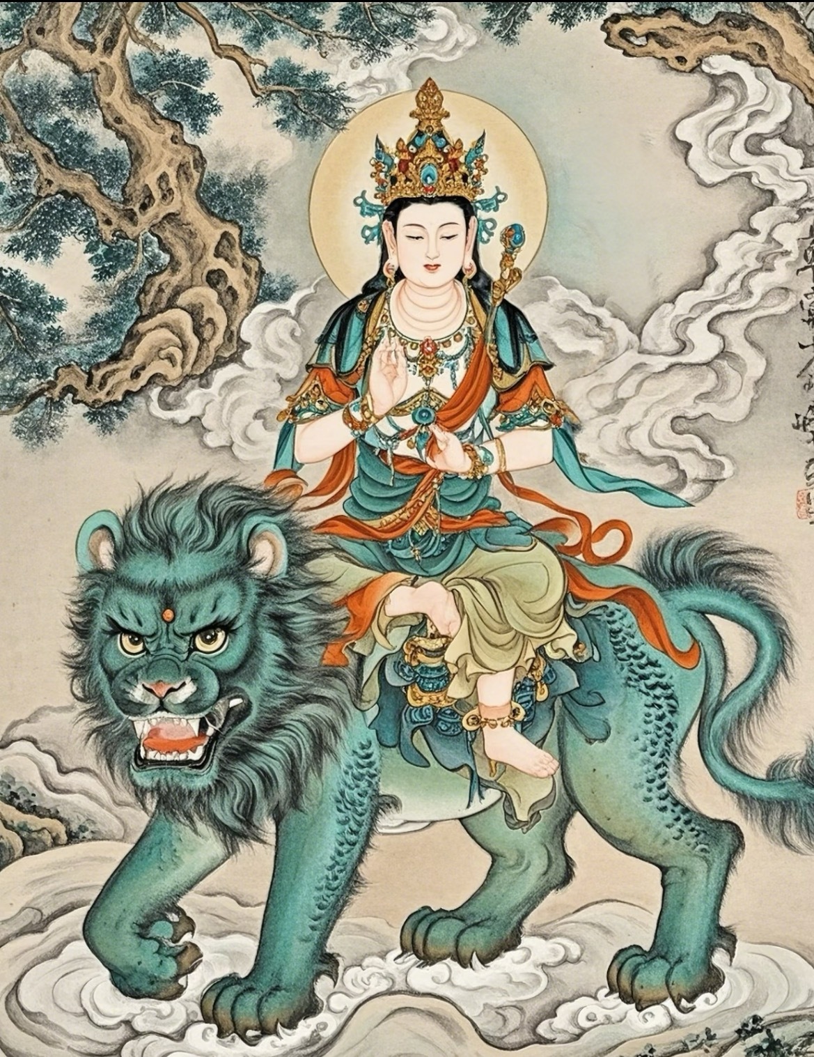 文殊为智慧之尊，掌三世诸佛智慧光明。祈请文殊加持，使心念清明，远离执著与迷惑，在