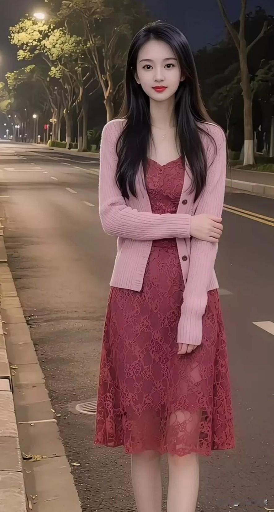 夜晚的浪漫穿搭，粉色毛衣搭配蕾丝裙，甜美又优雅！🌙👗