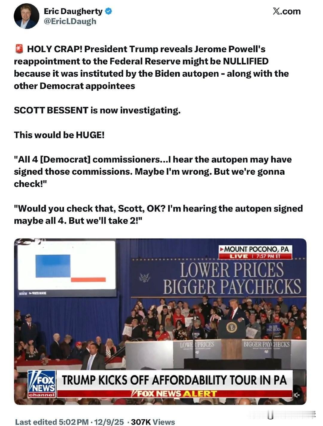 天哪！川普总统透露，JeromePowell被重新任命为联邦储备委员会成员的决