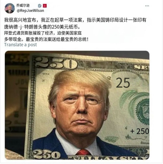 老胡要提醒美国议员，不要用“250”（二百五）来夸特朗普。美国共和党众议员乔·威