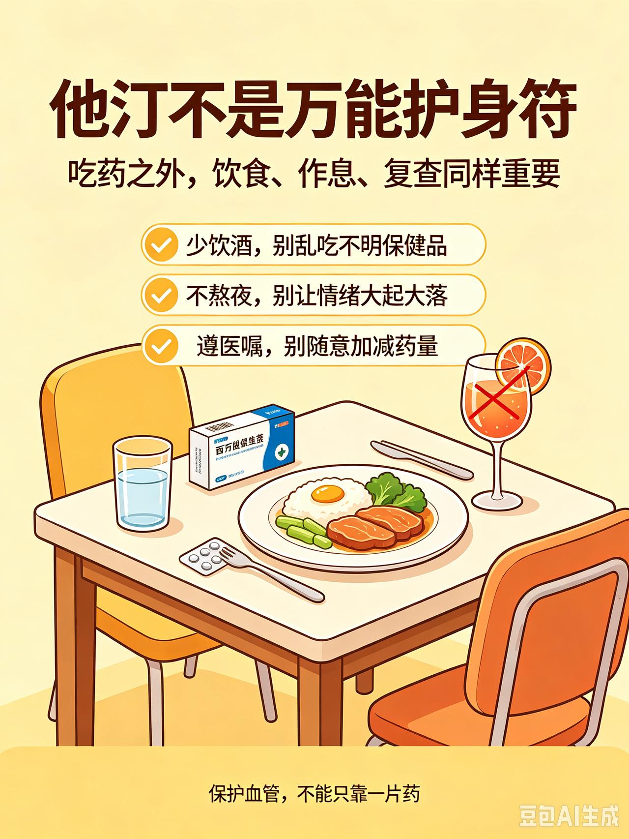 一名52岁男子长期服用他汀调节血脂，每天按时吃药，生活饮食却不加约束，深夜突发脑