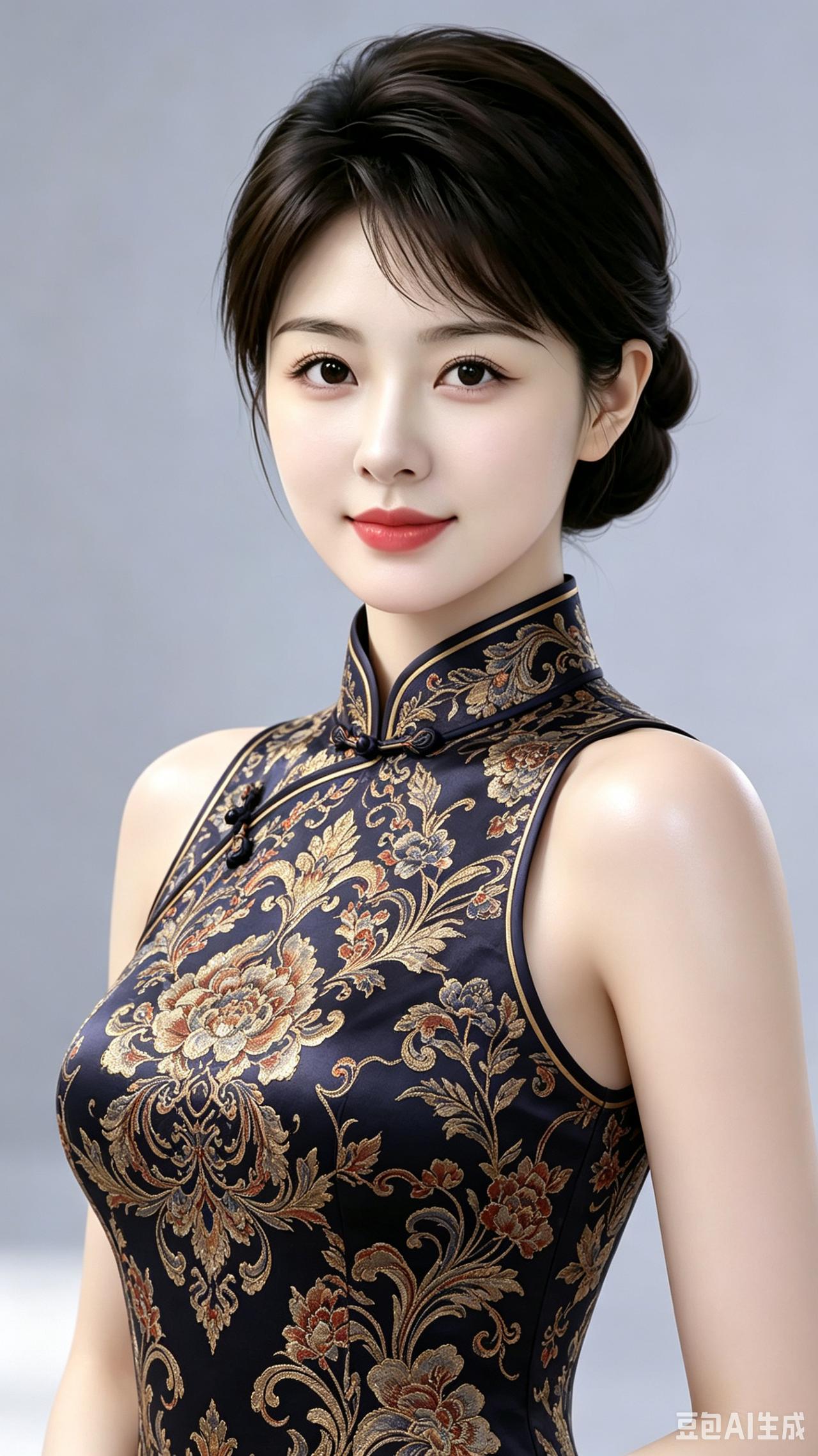 七言韵诗短发清姿自带芳华，换着旗袍韵致堪夸。云发轻盘玉鬓斜挽，锦纹暗绣温