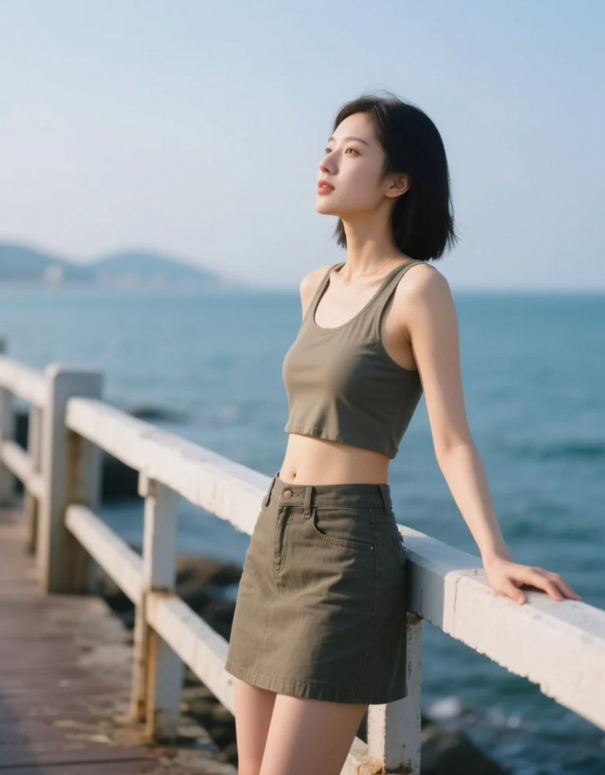 栈道上的亚洲美女，远眺大海的浪漫瞬间
