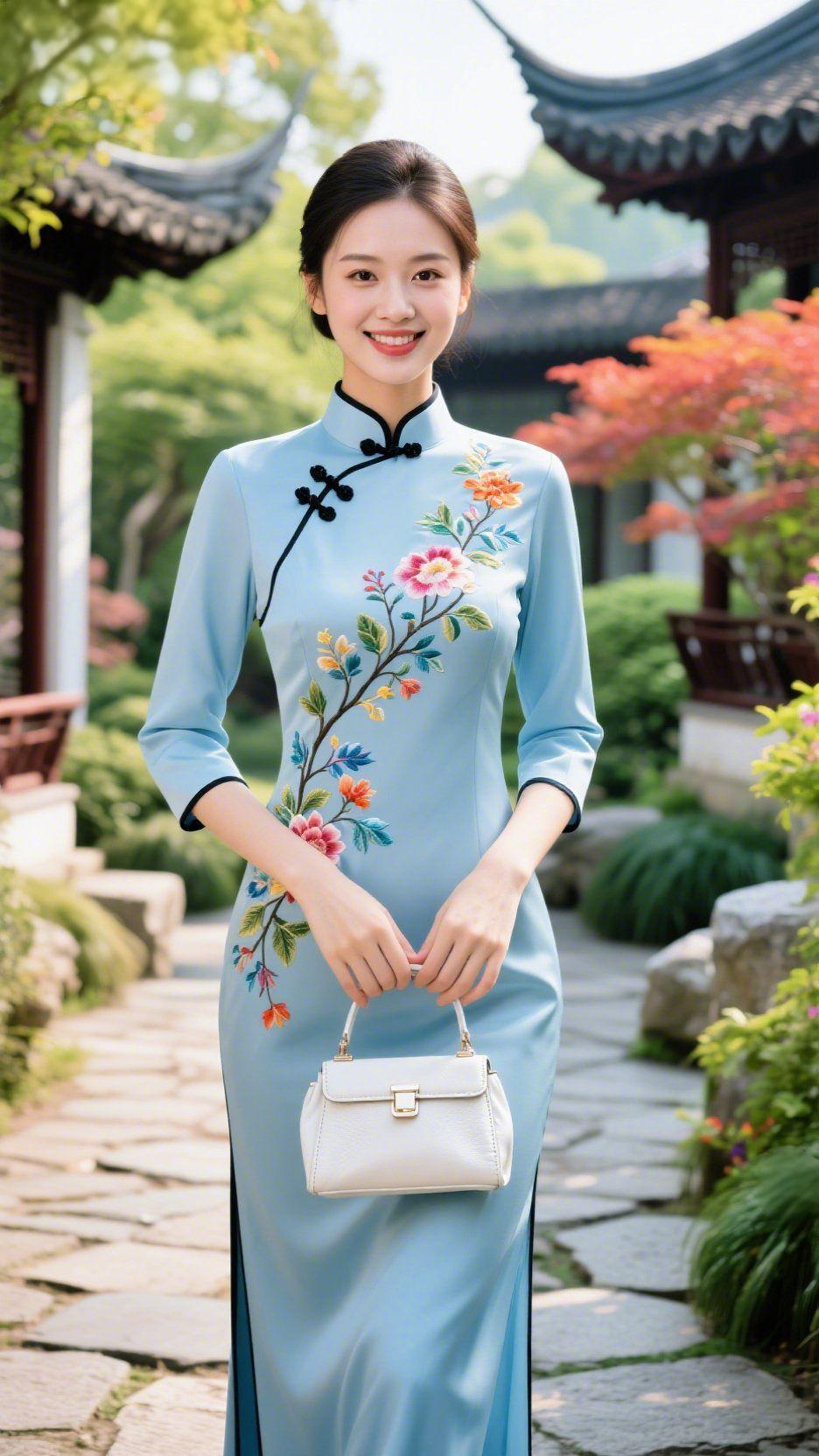 《青衫携春入园林》亭台檐角浸着绿意时，她缓步石径，似将江南春韵融于衣间。浅