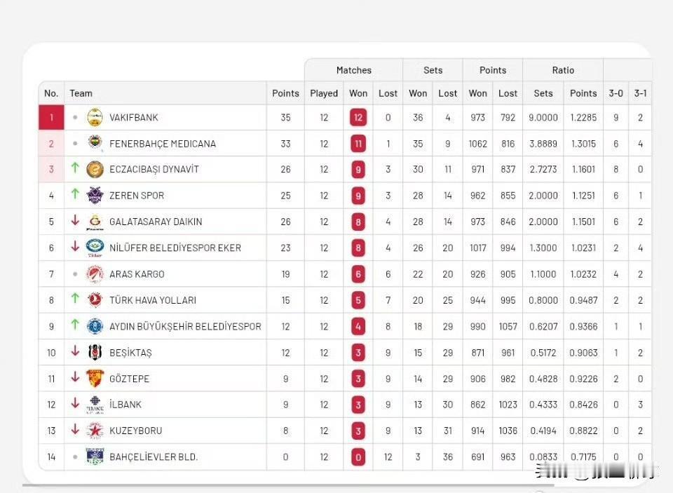 【土超女排联赛十二轮后积分排名王媛媛所在的加拉塔萨雷输球降至第五】截至目前