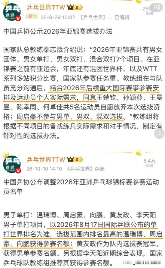 周启豪之前不参与亚锦赛男单、男双和混双的选拔。这次因为林诗栋和梁靖崑的退赛，又