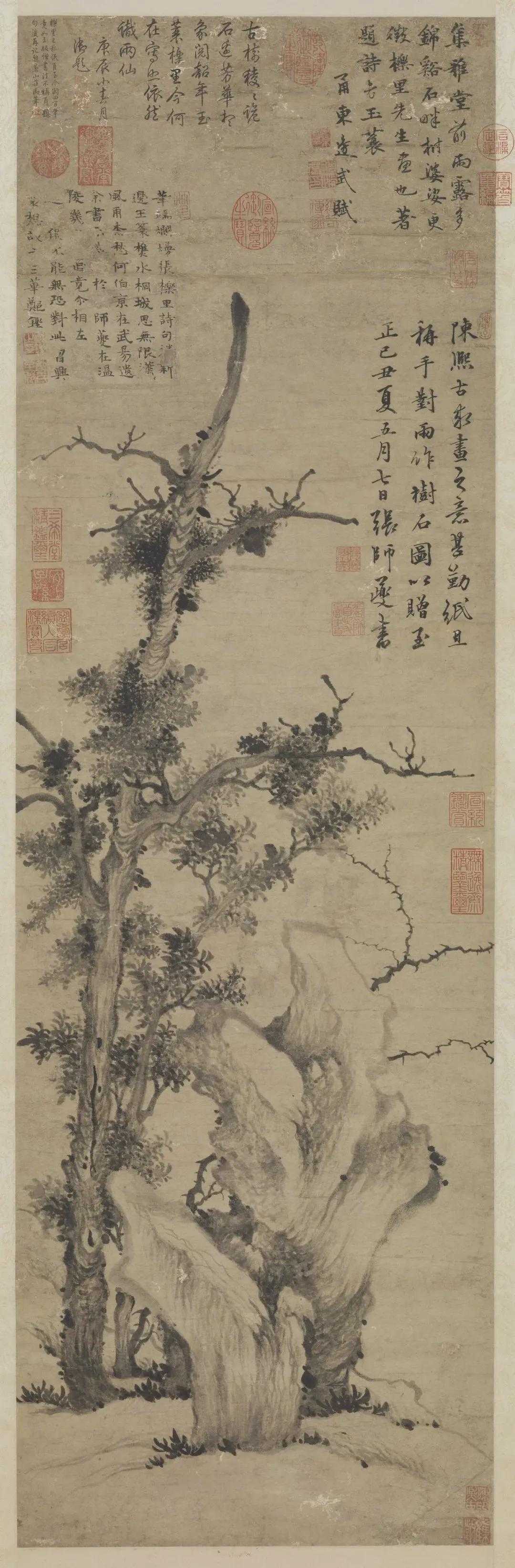 元张舜咨《树石图》。张舜咨（生卒年未详），字师夔，号栎山、辄醉翁，元代浙江杭州