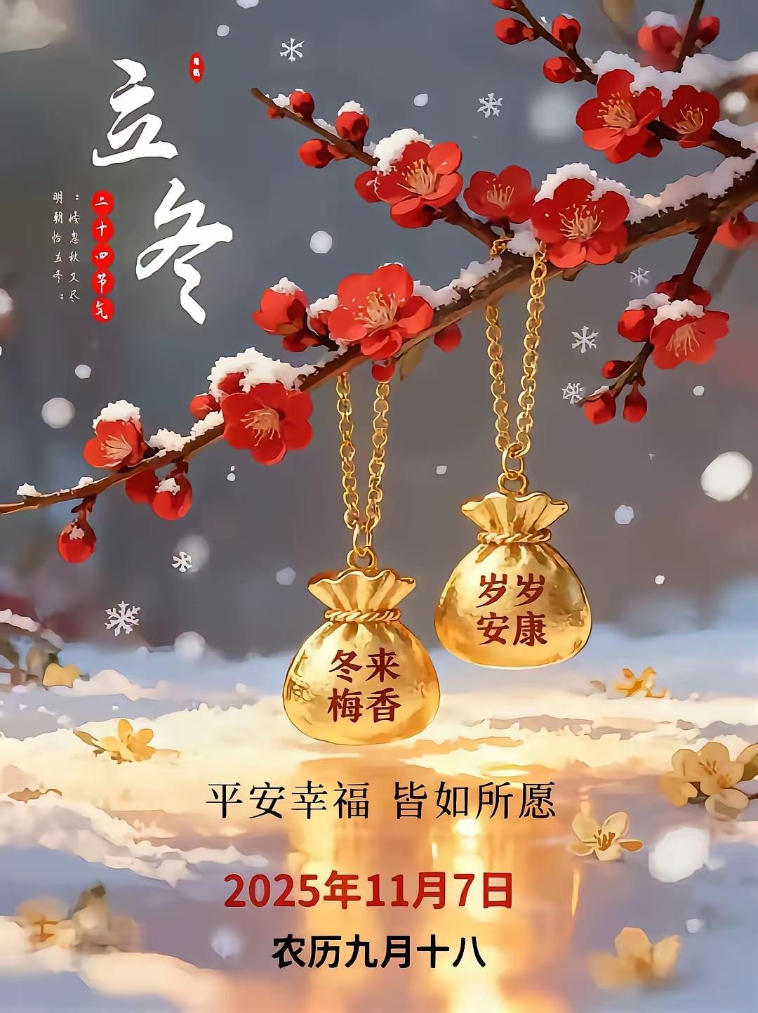 倏忽秋又尽，今朝恰立冬。秋收冬藏，静待春光。愿你我冬来有暖，心无寒扰，家庭和睦，