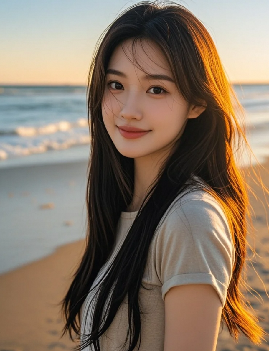 长发与海风共舞，她浅笑嫣然，沙滩上充满诗意