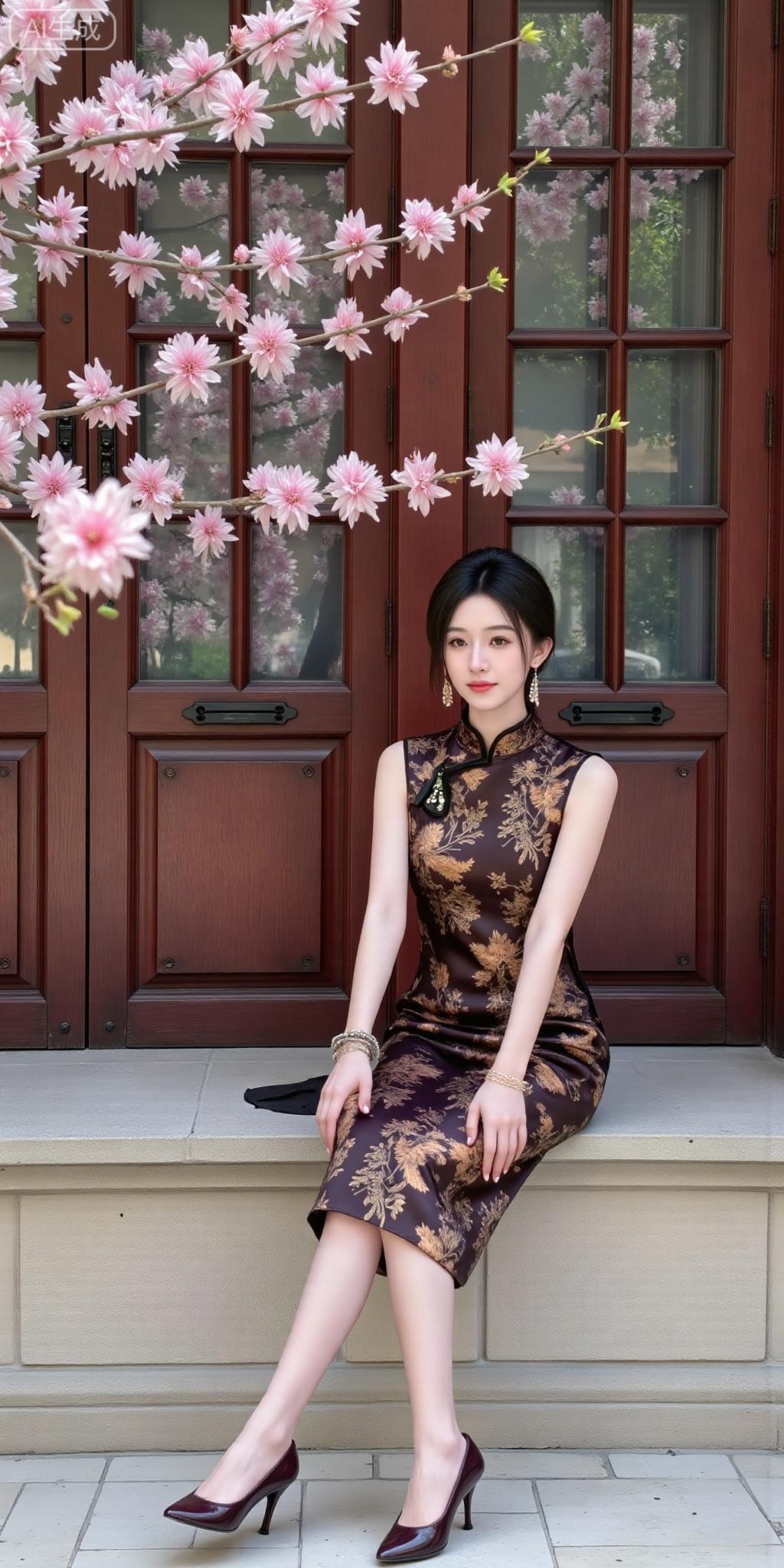 旗袍美人与春樱的适配度满分深棕缎面旗袍衬着金纹，清冷又贵气~短发配玉坠耳饰