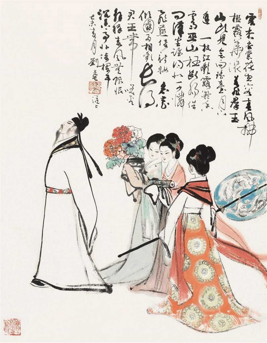 刘旦宅擅人物，兼花鸟，取法汉唐人物、宋元山水及陈老莲和八大之花鸟，广泛吸取古人之